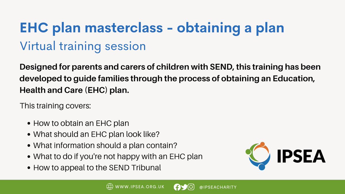 Parents &amp; carers 📣

Book now for our EHC plan masterclass on 27 June.

Places are £65, but we also have some funded spots available for parents/carers who are unable to access a full cost place.

Book: bit.ly/3x14eRD

Apply for a funded place: bit.ly/3VcPLtP