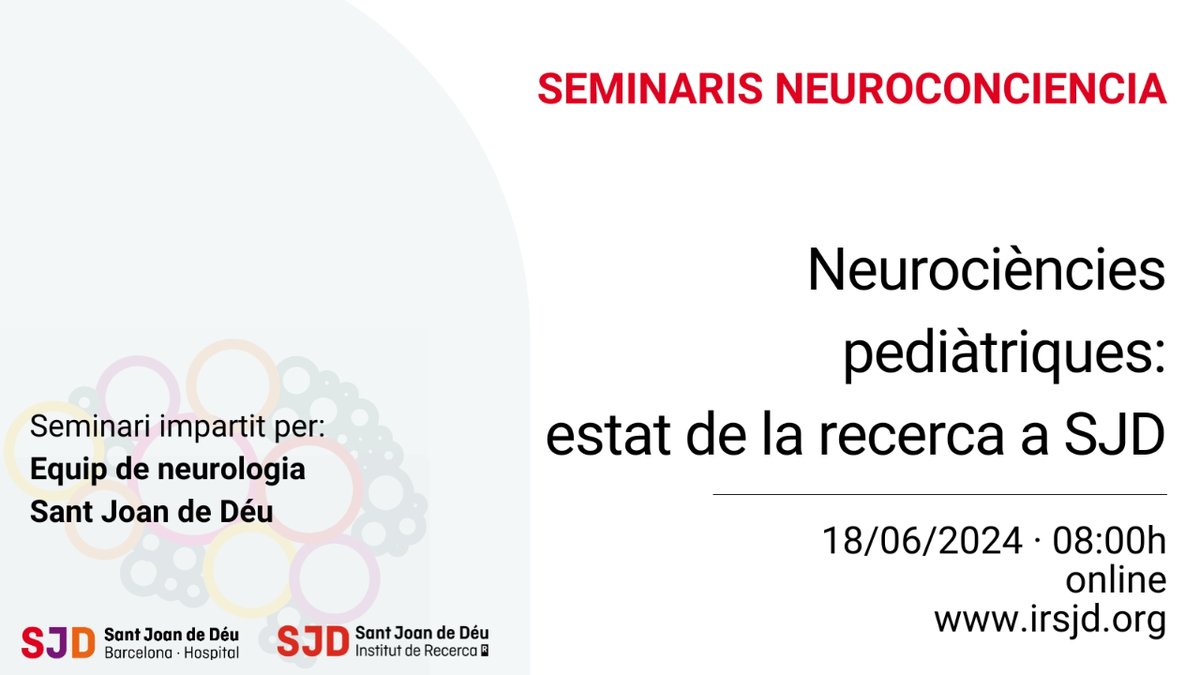 IRSJD_info's tweet photo. 📢 #NeuroConCiencia | Neurociències pediàtriques: estat de la recerca a SJD.
🕗 18 de juny a les 8 h.
🖥️ Online.
🔗 Inscripcions: https://t.co/pZBohtZGXE https://t.co/hvIiMTmMaW