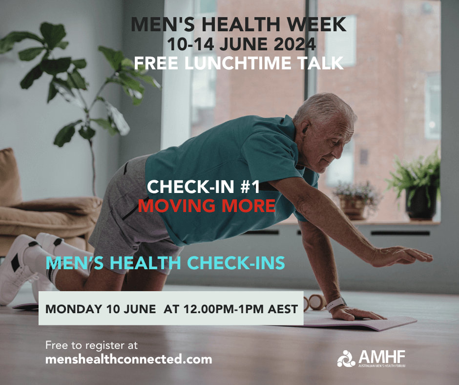 Next week is Men’s Health Week. The Australian Men’s Health Forum is hosting a series of FREE online lunchtime talks starting on 10th June.  Topics: Moving More, Helping Mates, Sleeping Better, Getting Checked and Drinking Less  zurl.co/tdJo