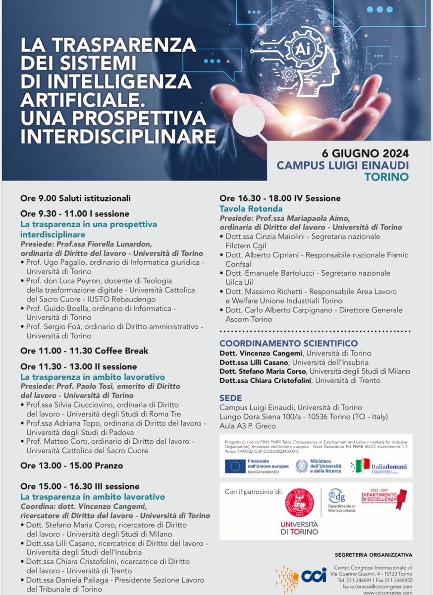 Oggi a <a href="/unito/">Università di Torino</a> per il primo convegno del progetto PRIN PNRR Telos (#Transparency in #Employment and #Labour markets for #inclusive #Organisations and #Societies) su #trasparenza dei sistemi di #AI organizzato da <a href="/VCangemi7/">Vincenzo Cangemi</a>
