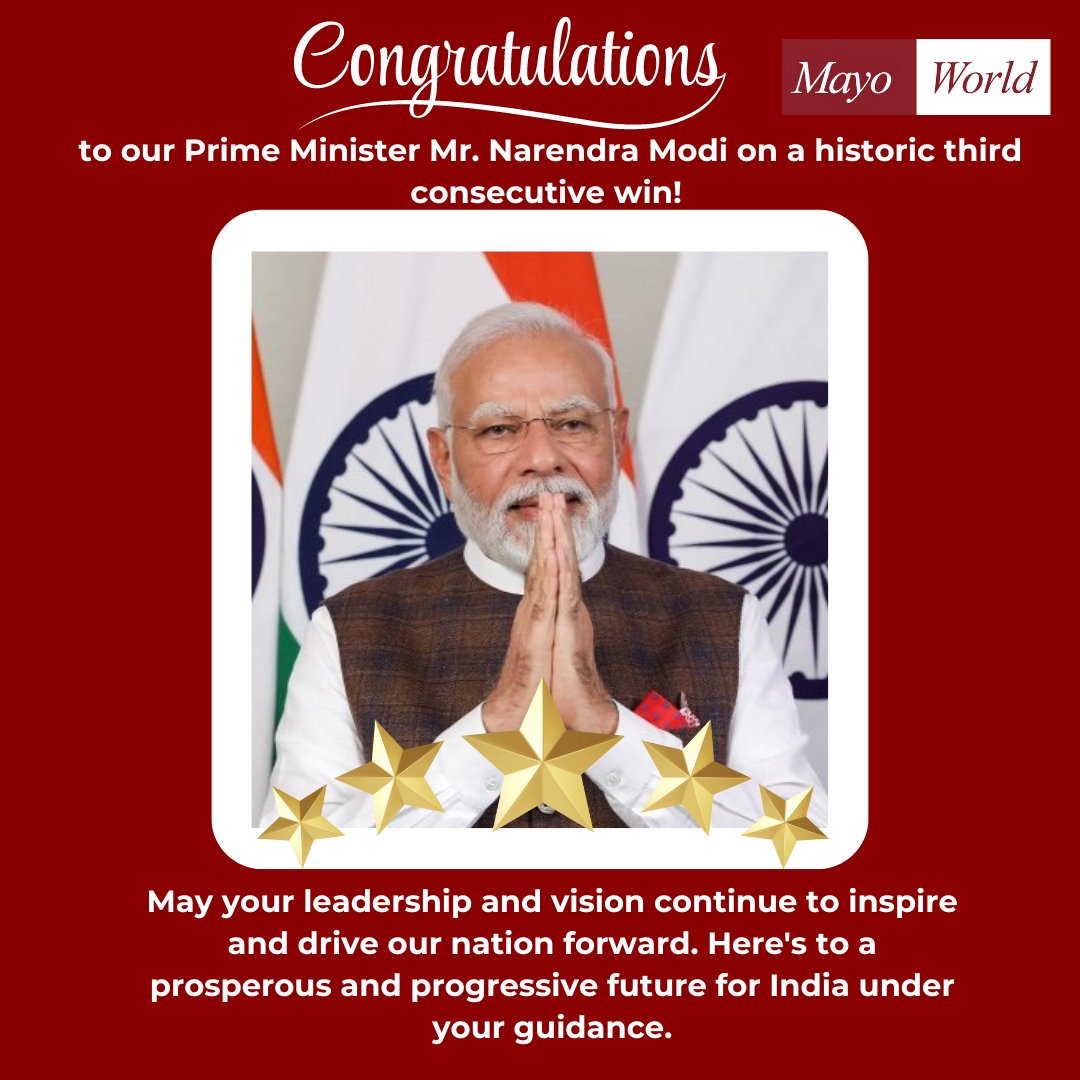 Mayoworld_mw's tweet photo. Congratulations to our Prime Minister Mr. Narendra Modi on your historic third consecutive victory. May your leadership inspire and guide our nation toward progress and prosperity. #ModiWinsAgain #Leadership #IndiaRising #b2b #importexport #loksabhaelection2024results #b2bmarket https://t.co/2ndU2rxxqP