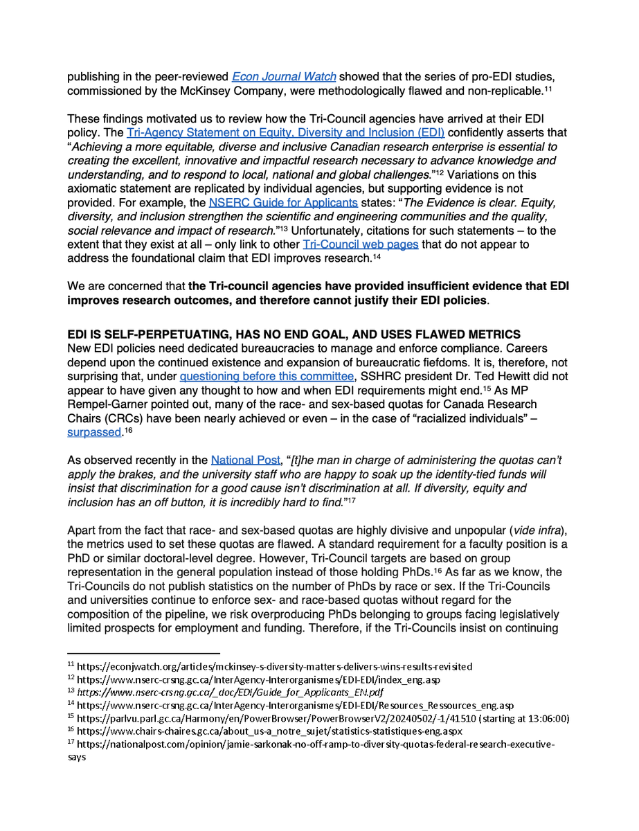 WatSAFS's tweet photo. Policy brief to Standing Committee on Science &amp; Research;
- EDI is costly &amp; inequitable
- No evidence that EDI improves research
- EDI uses flawed metrics, can never end
- Public dislikes EDI
RECOMMENDATION: Tri-Council agencies should abolish EDI
https://t.co/NZeqcAQOod https://t.co/xd6q3vhogo
