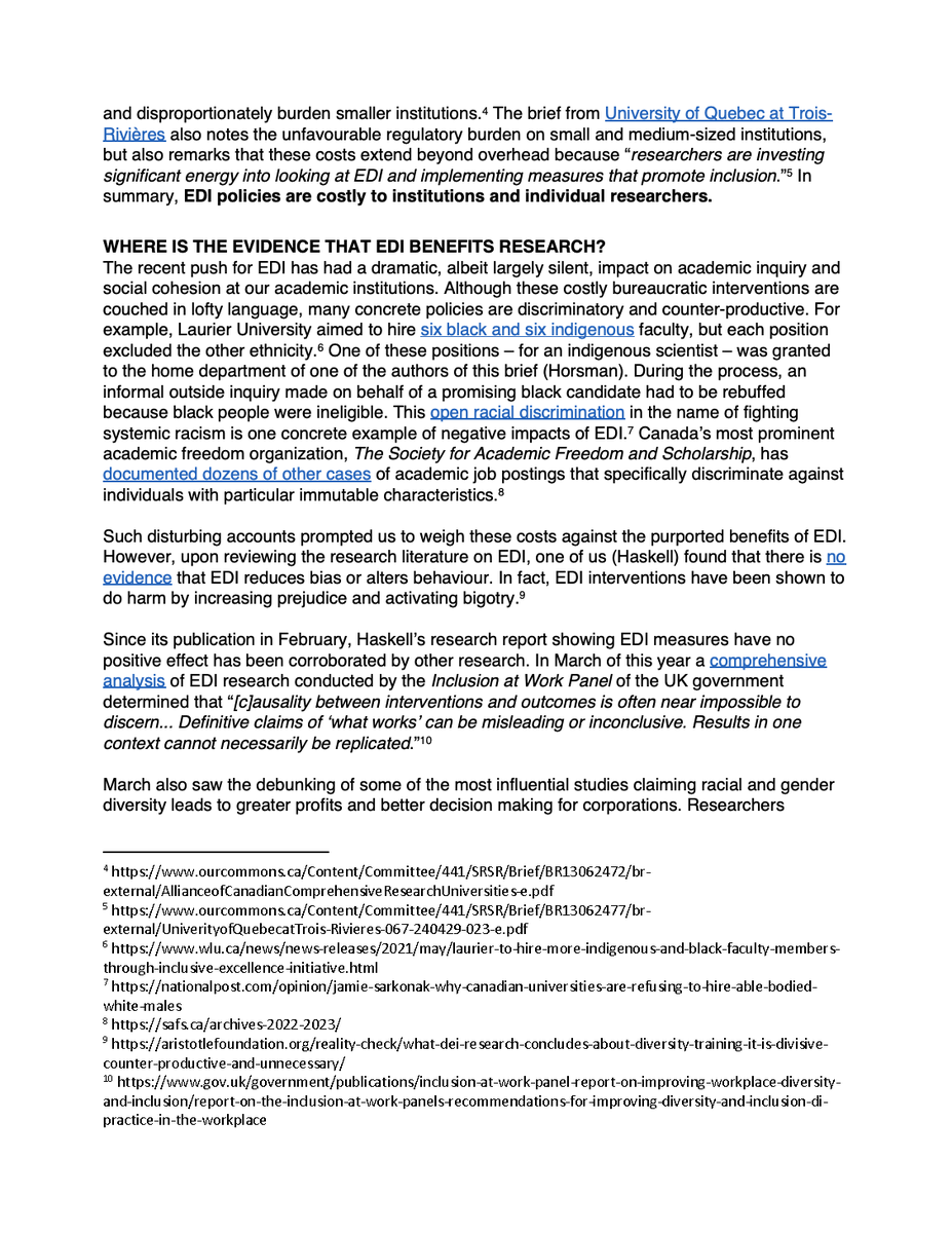 WatSAFS's tweet photo. Policy brief to Standing Committee on Science &amp; Research;
- EDI is costly &amp; inequitable
- No evidence that EDI improves research
- EDI uses flawed metrics, can never end
- Public dislikes EDI
RECOMMENDATION: Tri-Council agencies should abolish EDI
https://t.co/NZeqcAQOod https://t.co/xd6q3vhogo