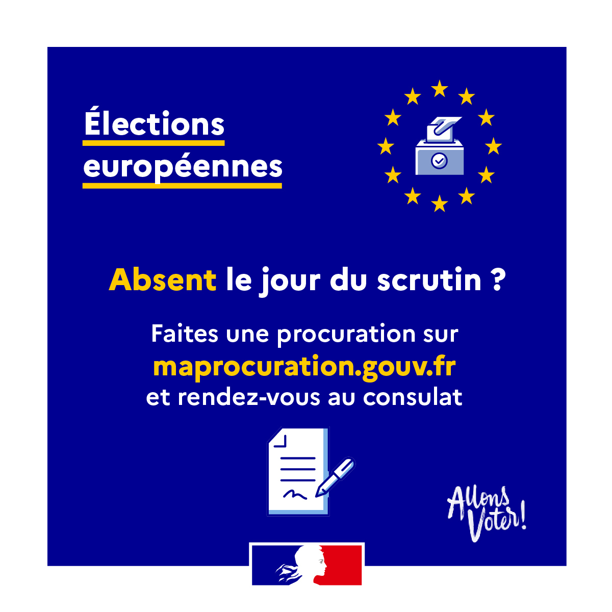 Dernière ligne droite si vous souhaitez établir une procuration ! #Européennes2024  | 🗳 Absent(e) le jour du scrutin ❓

Pas d'inquiétudes, vous avez la possibilité d'établir une procuration sur le portail maprocuration.gouv.fr. #AllonsVoter
ℹ diplomatie.gouv.fr/fr/services-au…