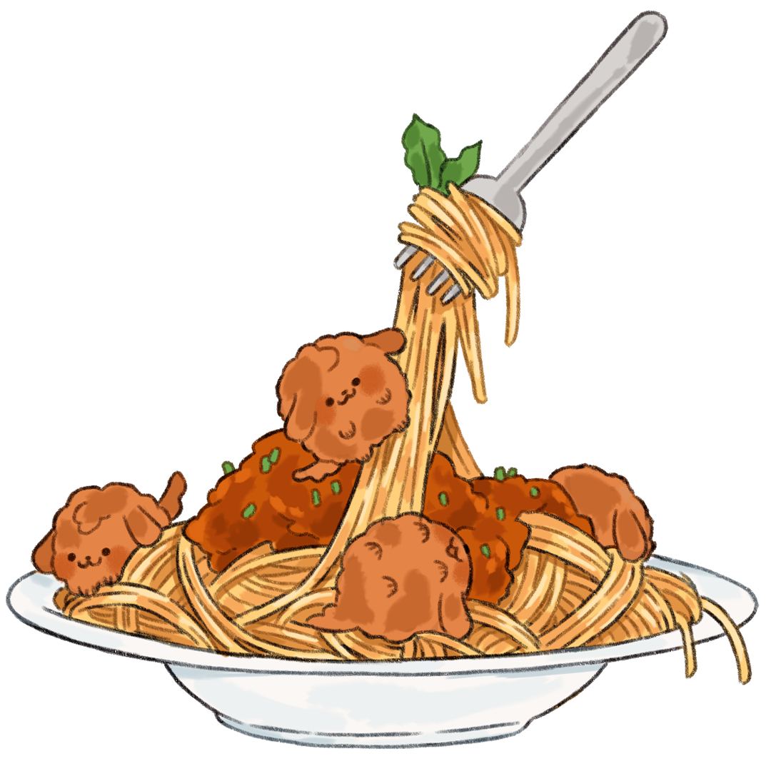 yumbrite's tweet photo. Meatball (pup), meatball (pup), spaghetti underneath! https://t.co/im8GsEh1tb