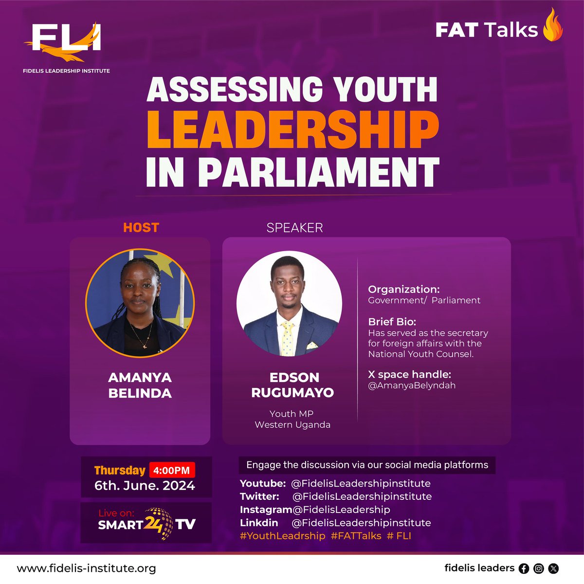 FidelisLeaders's tweet image. 🔔 Today🔔

Tune in to #FATTalks: at 4:00 PM for this week’s F.A.T Talks episode on Smart 24 TV. 

Hosted by @AmanyaBelyndah with the Western Uganda Youth MP @RugumayoE who will discuss about the impact of youth leadership in parliament today.