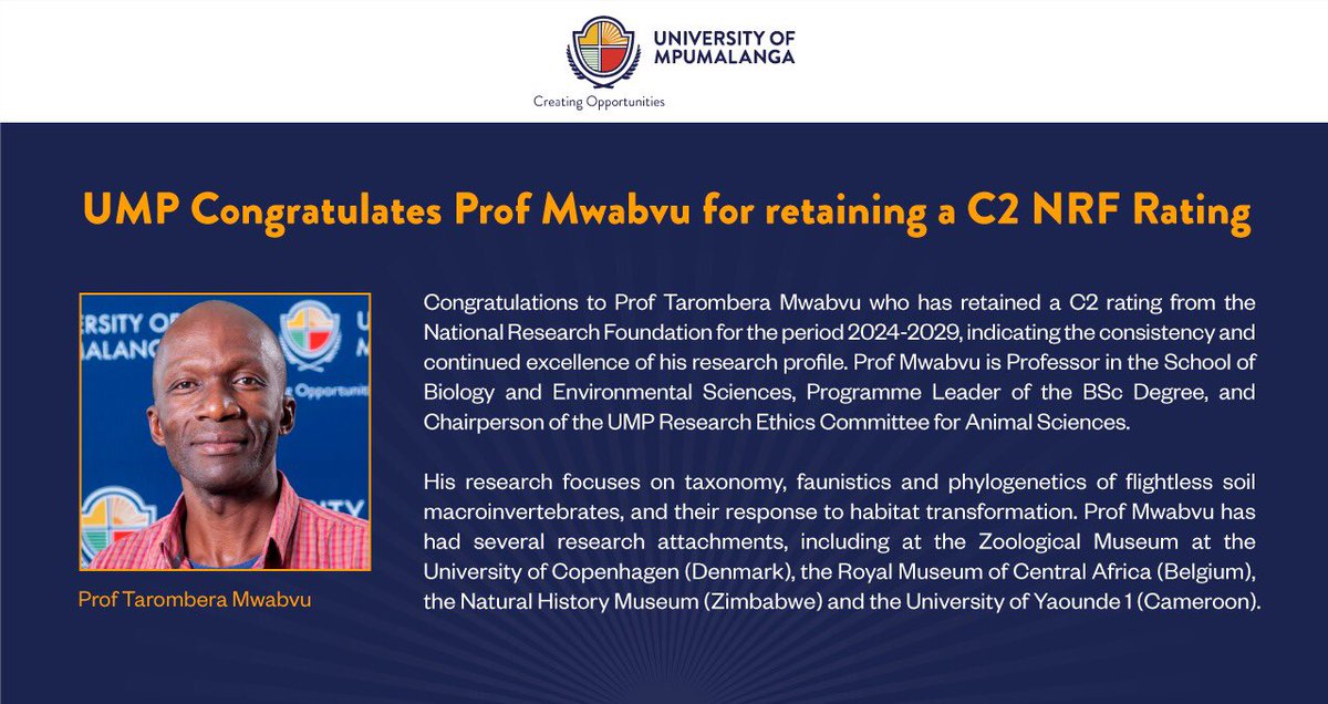 UniMpumalanga's tweet photo. University of Mpumalanga congratulates Prof Tarombera Mwabvu for retaining a C2 NRF rating for the period of 2024-2029. https://t.co/Bx7dXrlgWH