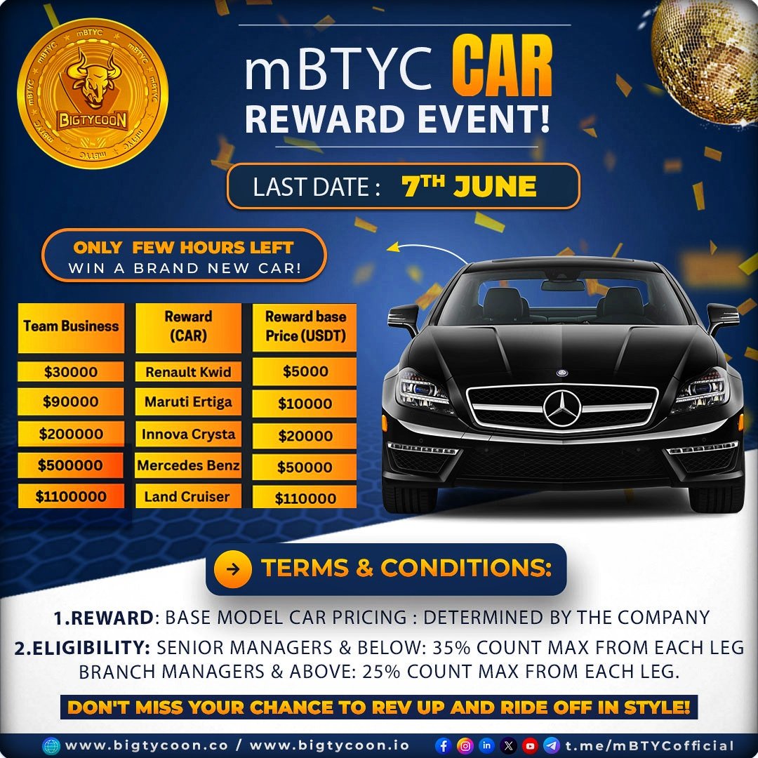 mBTYC_Official's tweet photo. 🚗✨ One day left to drive your dream car with mBTYC's car reward event! Don't miss your chance to win big! #DriveYourDream #mBTYC #CarReward #FinanceBill2024 #Origin #PrismaLaSerie #Altcoins #Origin #ModoSelección #FelizMiércoles #Wiec4czerwca #FennecFootball #crypto #bitcoin https://t.co/eMj2HhO1Qs