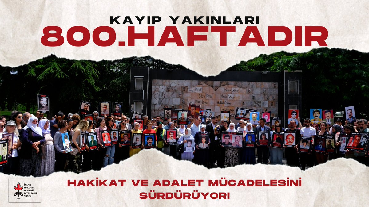 Şubemiz ve Kayıp Yakınları, 2009'dan beri kesintisiz sürdürdüğü "Kayıplar Bulunsun Failler Yargılansın" eyleminin 800. haftasında bir kez daha Koşuyolu Parkı'nda olacak.

#KayıpYakınları800Hafta