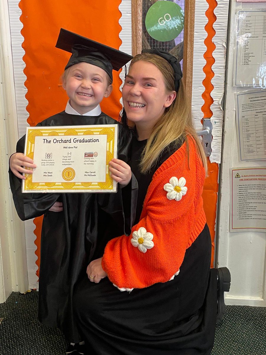 MissCarroll17's tweet photo. Well done to our amazing girl for graduating from the Orchard. Your smile lights up every room and each week you worked so hard to achieve your targets. We loved having your family and friends join us for the celebration. We are so proud of you. 👨‍🎓🎉 @SaintRochsPS @GlasgowNurture https://t.co/K8HOxMO6id