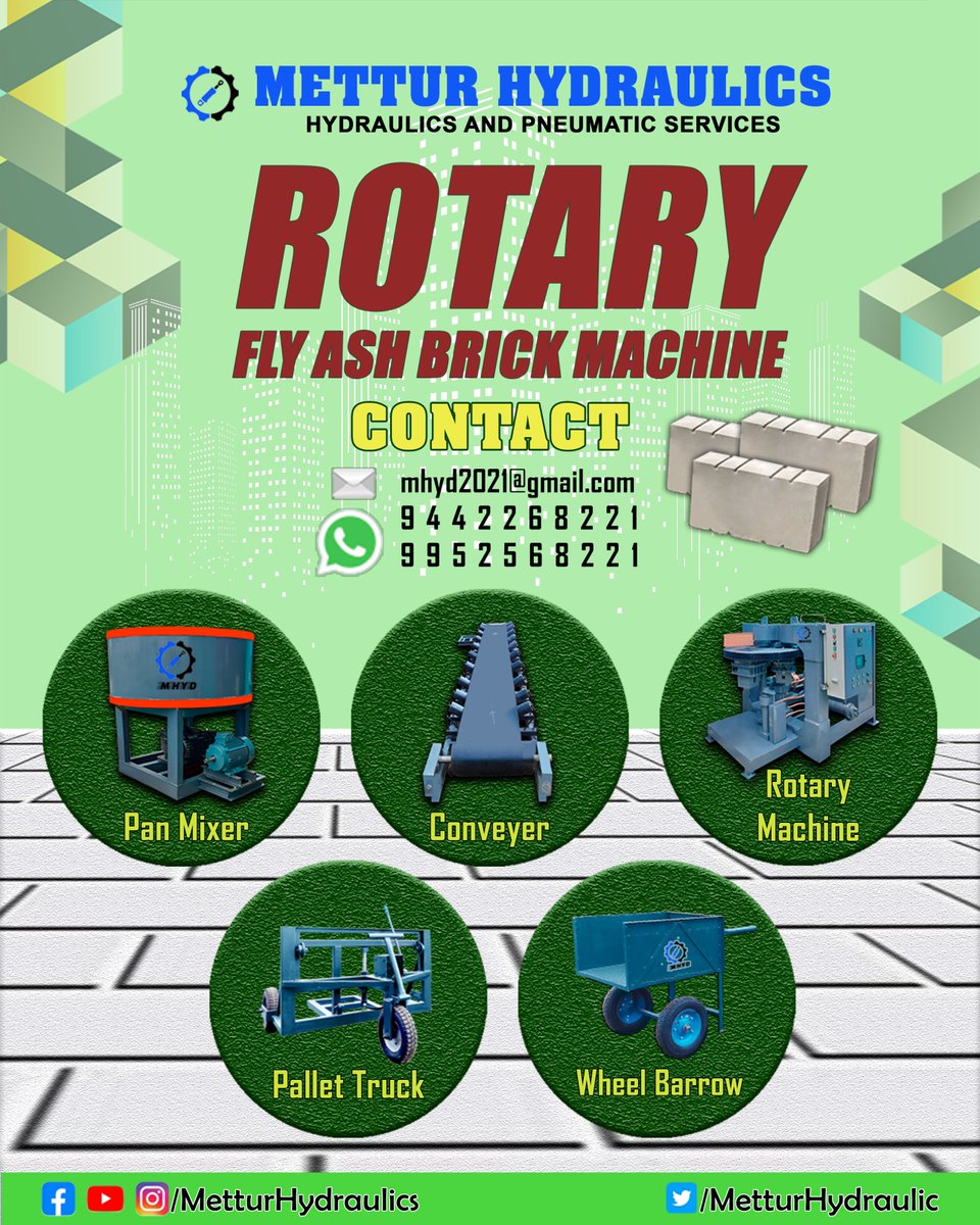 metturhydraulic's tweet image. Transform your brick-making business with the innovative #RotaryFlyAshBrickMachine crafted by #MetturHydraulics !

Contact: 9442268221 / 9952568221
Email: mhyd2021@gmail.com
#Flyashbrickmachine #flyashbrick #rotaryflyashbrickmachine #conveyor #panmixer #pallettruck #wheelbarrow
