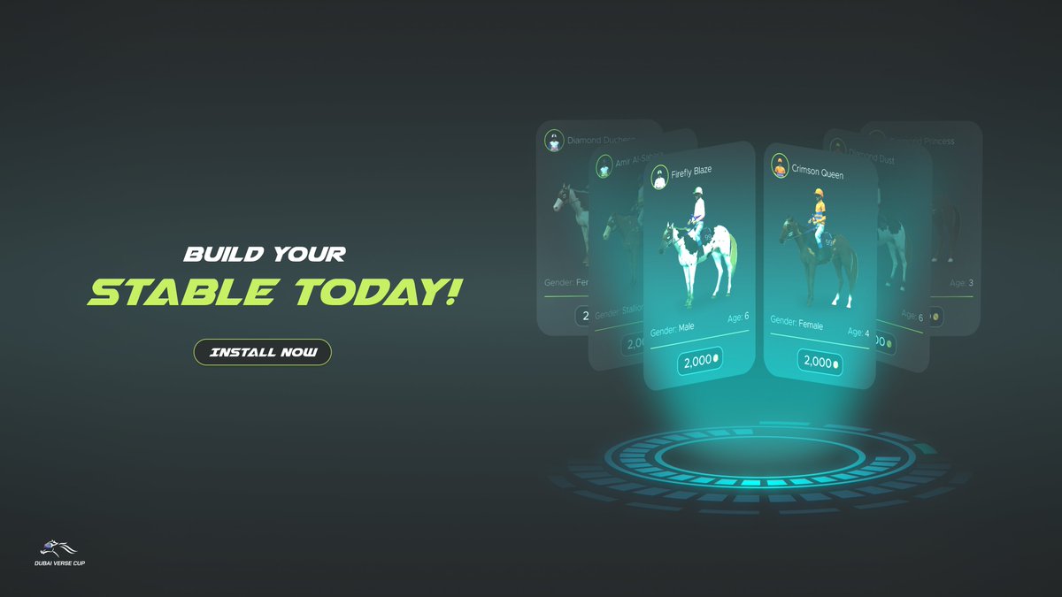 Embrace the excitement of virtual horse ownership with Dubai Verse Cup! 🏇🌟 Start building your stable and earn DVC Coins with every race. #DubaiVerseCup #VirtualHorseOwnership #MobileGaming #DubaiGaming
#RacingAdventure #LaunchDay #Metaverse #AI #Web3 #Horses #HorseRacing #Fyp