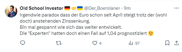 StudentUnknown's tweet image. Er/sie schwört auf ETFs und Diversifikation, hat aber anscheinend irgendwelche US-Werte übergewichtet und "macht sich gleich in die Hose", wenn der Euro steigt. Das soll ein "old school investor" sein?

@EneNoob @CWRoehl @dm_ms
