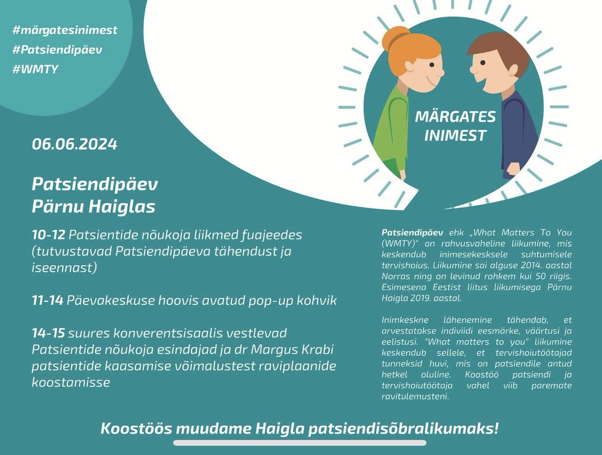 teelenr's tweet photo. Täna on “Mis on Sinu jaoks tähtis” päev! Kõik meie tervishoiu inimsõbralikumaks muutmise nimel!
Tähistame #PärnuHaiglas seda uhkelt! Tule astu läbi!
#wmty #Pärnu #inimkesksus #tervishoid https://t.co/nQZq15TIsw