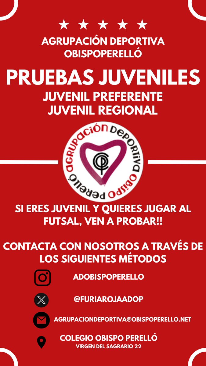 FuriarojaADOP's tweet photo. ⚽️⚽️

¿Estás en edad juvenil y quieres jugar al Fútbol Sala?
Ven a probar con nosotros!!💪💪

- Juvenil Preferente.
- Juvenil Regional.

Ponte en contacto por cualquiera de los medios disponibles para citarte los días indicados.

#FuriaRoja
#ADOPCity https://t.co/4ZxCV97jbb