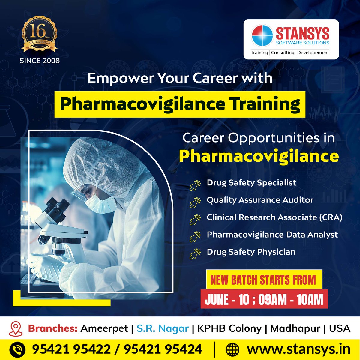 Stansys_SAS's tweet image. Register for Pharmacovigilance Training, starting June 10th, to enhance your skills in various roles.
Join Us Now: 95421 95422 / 95421 95424.
Visit:stansys.in
#pharmacovigilance #drugsafetycareers #stansyssoftwaresolutions #stansys #srnagar #hyderabad