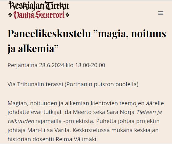 🔮TiTaRa x Keskiajan Turku🔮  Kiinnostaako keskiaika? Entä magia, noituus tai alkemia? Oletko Turussa kesäkuun lopulla? Tule siis Via Tribunalin terassille perjantaina 28.6. klo 18!

#titaraproject #koneensaatio #konefoundation #keskiajanturku <a href="/KoneenSaatio/">Koneen Säätiö</a> <a href="/UniTurku/">Turun yliopisto - University of Turku</a>