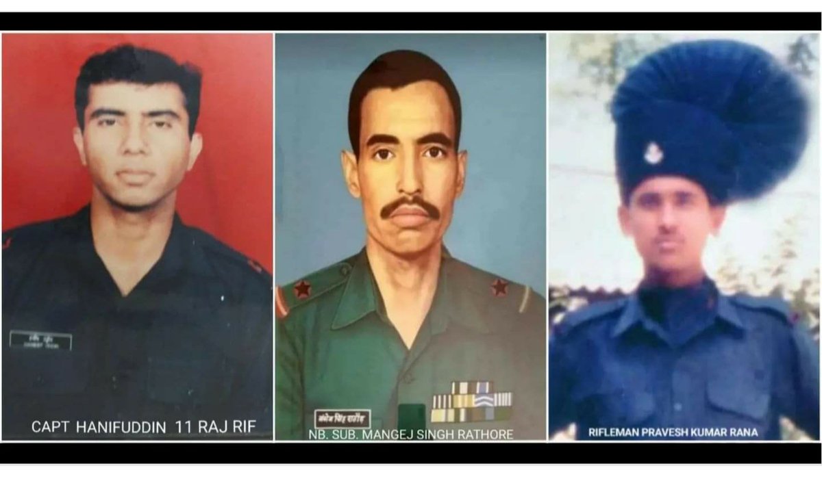 Remembering &amp; paying homage to KARGIL WAR HEROES 1.CAPTAIN HANEEF-U- DIN, VUR CHAKRA 2.N/SUB MANGEJ SINGH RATHORE VIR CHAKRA3.RIF.MAN PARVESH KUMAR RANA all #11 RAjRiF,on their Balidan diwas today during Kargil war
  They gave their supreme sacrifice in Turtuk area