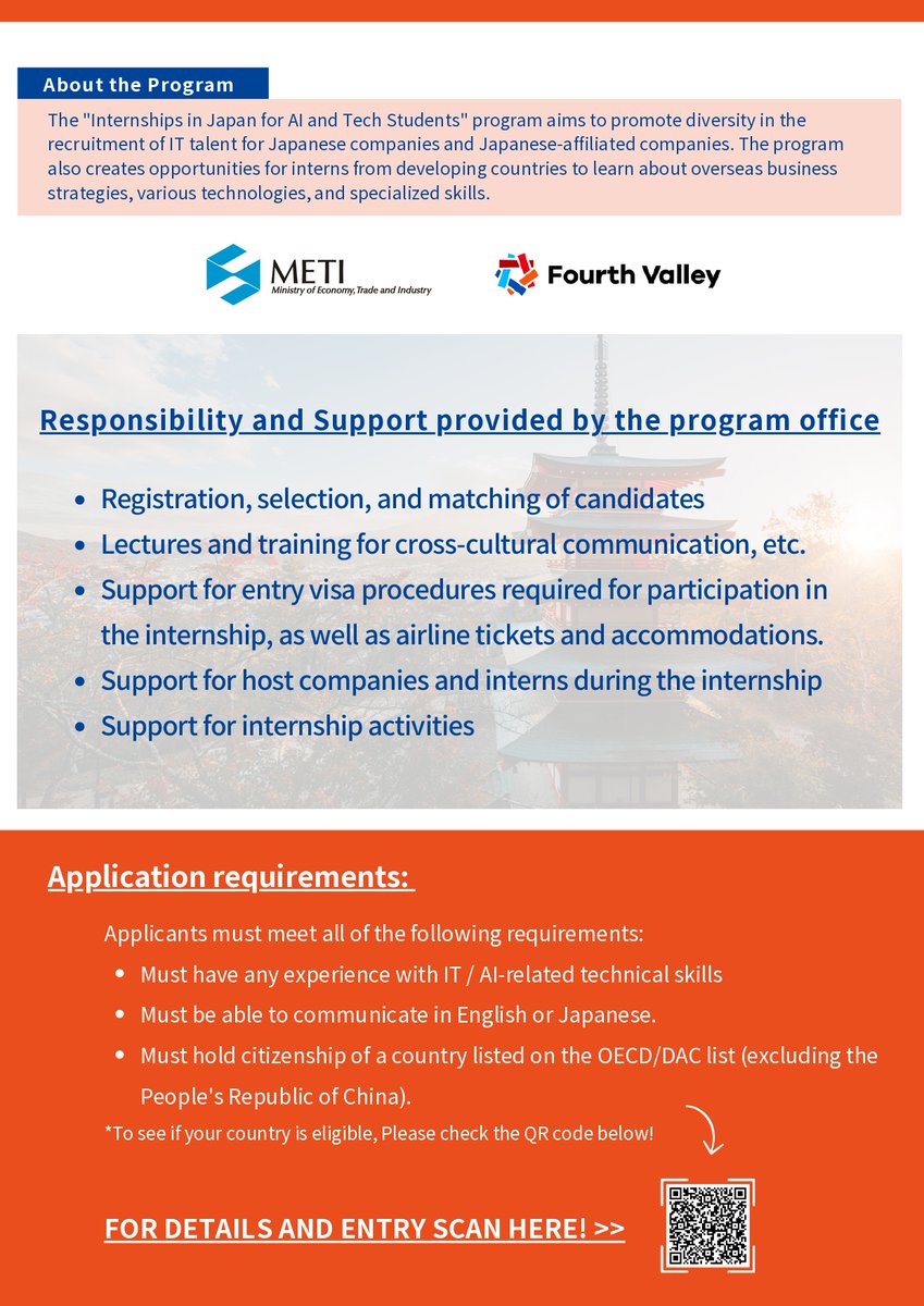 [🇯🇵][🇰🇪]Kenyan students, here is an internship opportunity from Japan! 🎓Apply now for a chance to intern in Japan in 2024. Scan the QR code on the poster and don’t miss out! More information here [link ]bit.ly/4dEJQpF [🇯🇵][🇰🇪] #internship #Kenya #Japan