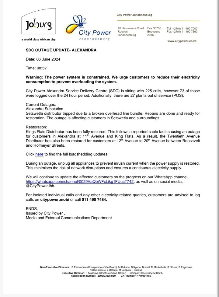 CityPowerJhb's tweet photo. #CityPowerUpdates #AlexandraSubstation

Kindly see our team's opening statement. 

We will continue to update the affected customers on the progress on our WhatsApp channel,
https://t.co/REP3E2eqw0 ^IM https://t.co/MREeSSow9l