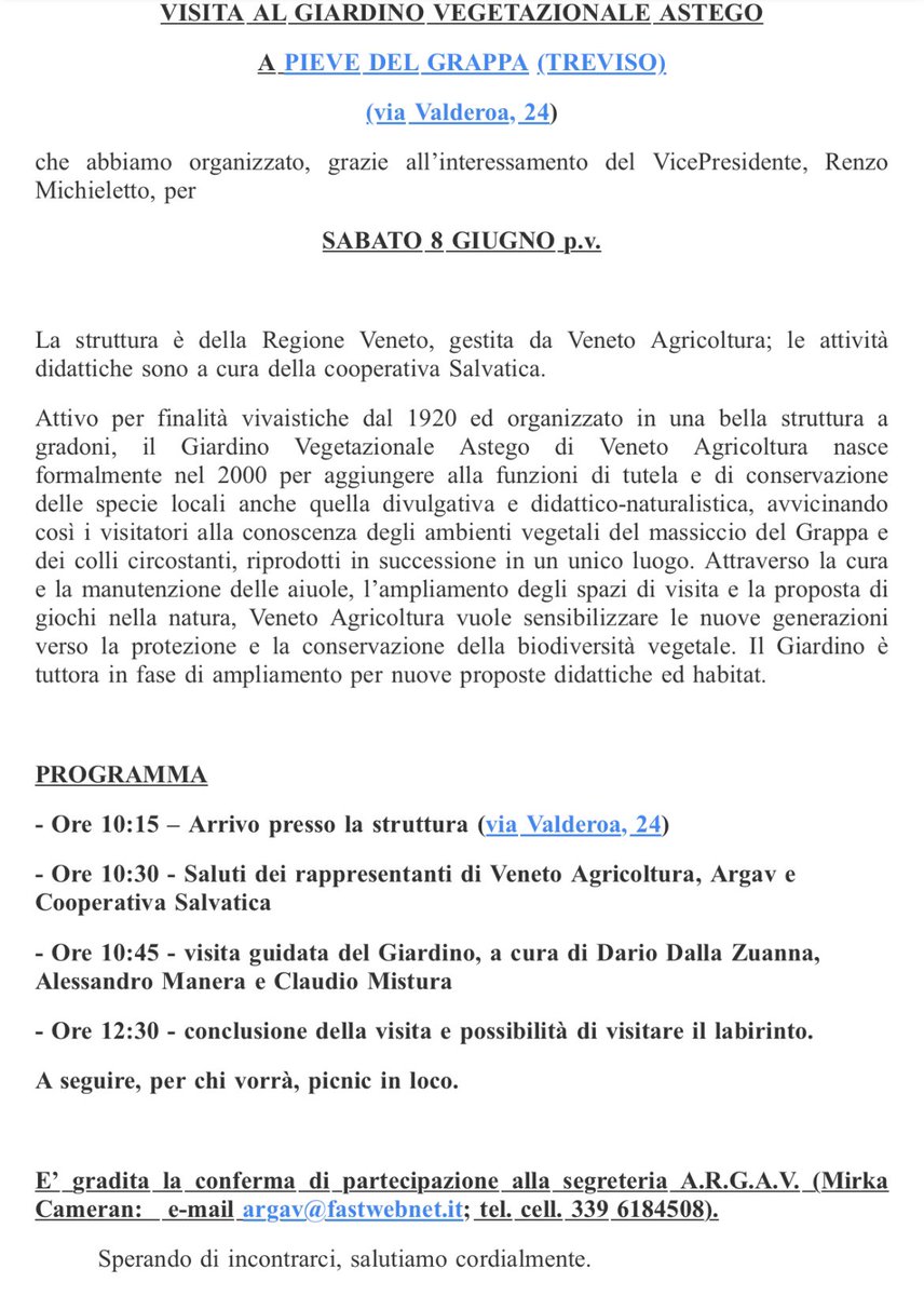 Visita guidata per giornalisti al Giardino Vegetazionale Astego di Pieve del Grappa (Tv), struttura della <a href="/RegioneVeneto/">Regione del Veneto</a> gestita da <a href="/VenetoAgricoltu/">Veneto Agricoltura</a>. Appuntamento sabato 8 giugno (ore 10:30). Iniziativa di <a href="/ARGAVeneto/">GiornalistiARGAV</a>