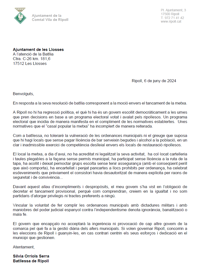 L'Ajuntament de les Llosses m'envia una resolució a on se'm compara amb la dictadura de Franco i se m'insta a reconsiderar el tancament del local d'extremaesquerra la metxa.

La meva resposta⤵️