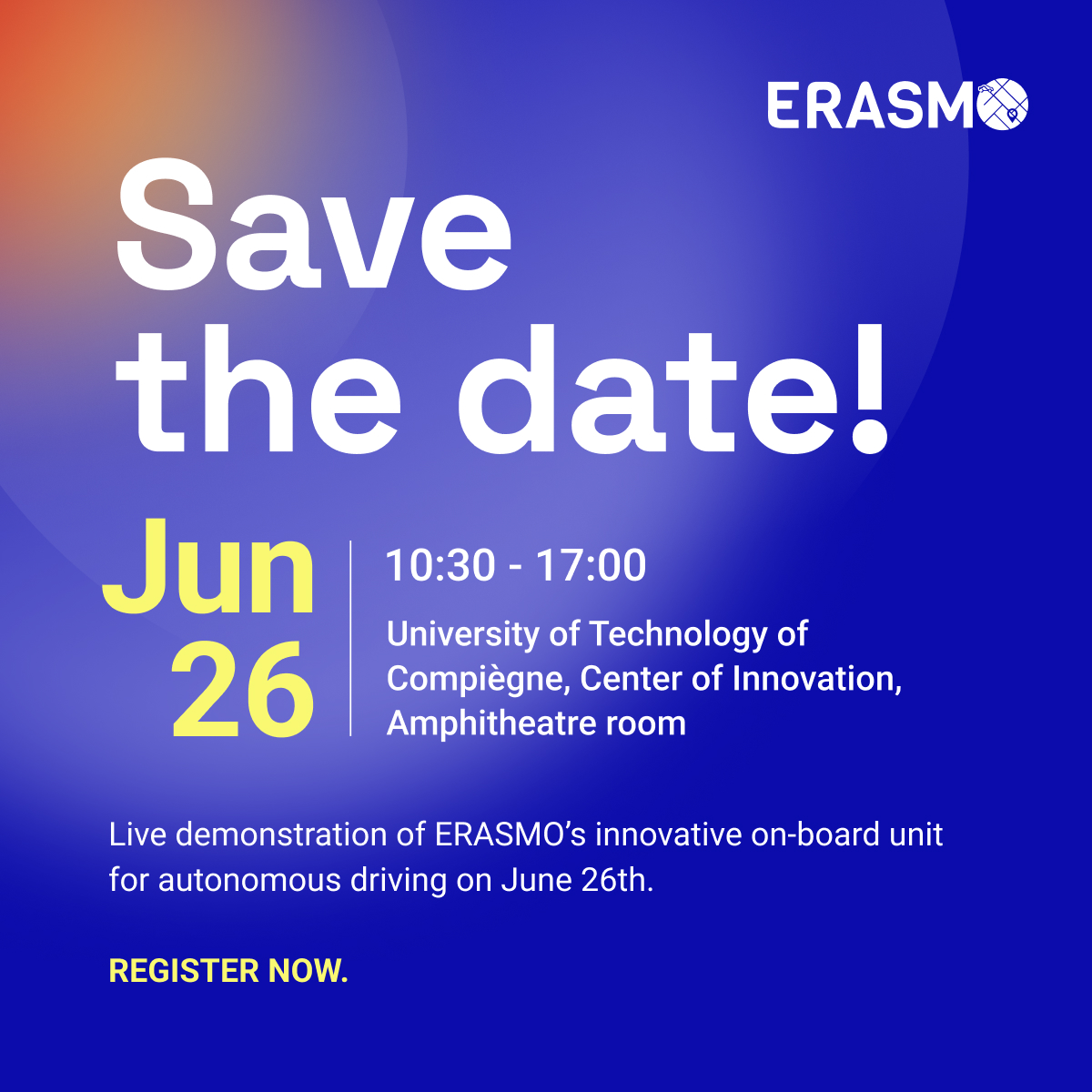 ERASMO_GNSS's tweet photo. We have something special to share👋📢!

On June 26th, we will do a demo of our on-board unit! That's right, that means an automated car, driving live with our OBU🧑‍💻🚗.

Interested in attending? Click to register and learn more👇!

https://t.co/DoEGZxiplp

#ERASMO #smartmobility https://t.co/fZrxpkBtR7