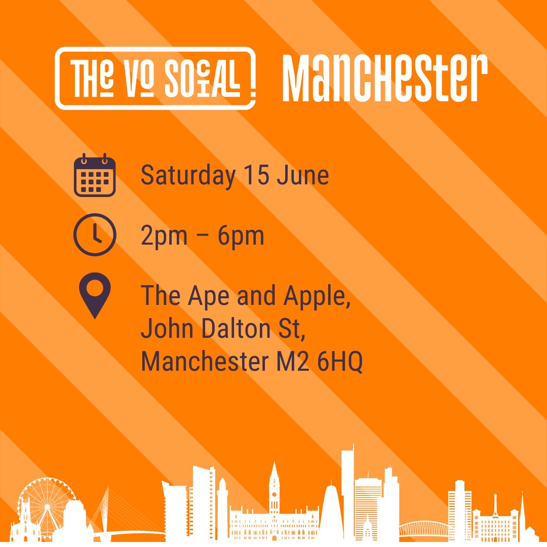 COMING SOON...

The Manchester Voiceover Social

📆 Saturday 15 June
⏰ 2pm - 6pm
📍 The Ape and Apple, John Dalton St, Manchester M2 6HQ

More info in the Manchester FB group or on our website thevosocial.com/events/