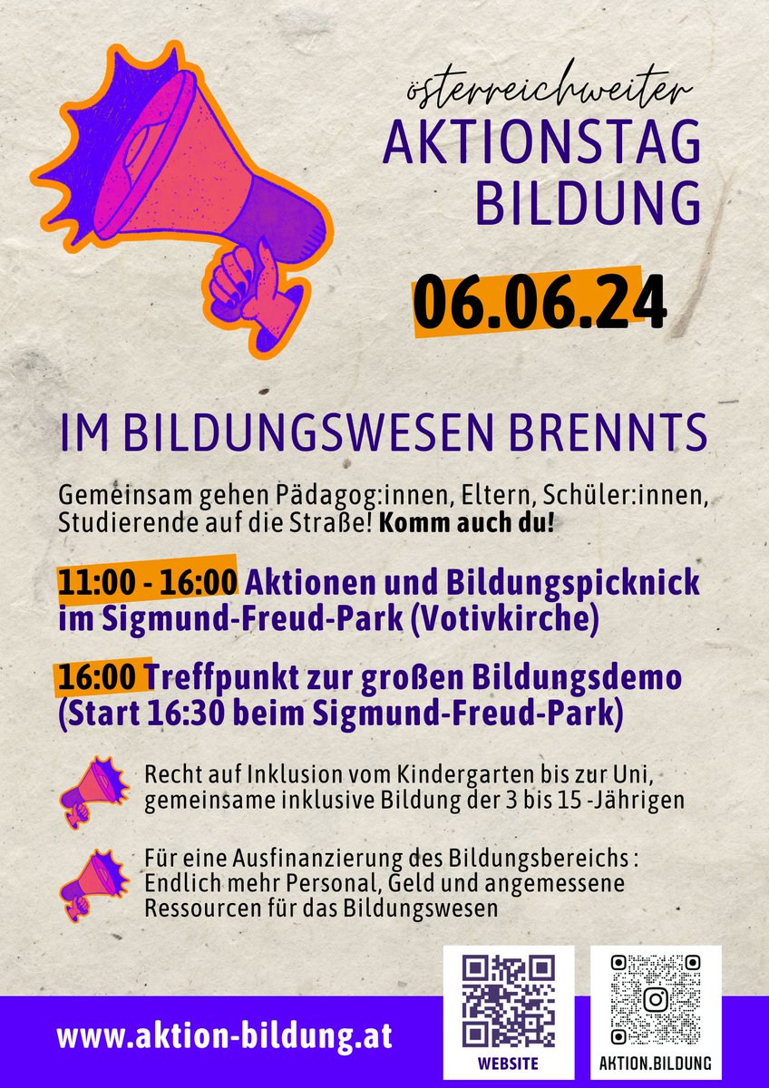 📢 Heute ist der österreichweite "Aktionstag #Bildung"! 

Wir machen auf Probleme im Bildungsbereich – vom Kindergarten bis zur Uni – aufmerksam. Es braucht  mehr unbefristetes Personal und angemessene Ressourcen. 📚✊ <a href="/UnterbauUniWien/">Unterbau Uni Wien</a> @nuwiss_at 

aktion-bildung.at

🧵1/n