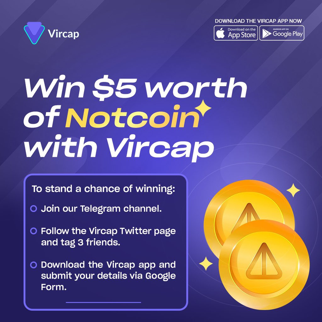 getvircap's tweet photo. GIVEAWAY ALERT! 🚀

Win $5 worth of #Notcoin! 🤑

To enter:

1️⃣ Join our Telegram channel [https://t.co/DAkL2PXLoT]
2️⃣ Follow us on Twitter, repost and tag 3 friends!
3️⃣ Download the #Vircap app
4️⃣ Submit your details via Google forms [https://t.co/wgc1BLDvYk]

5 lucky winners will be announced soon! 🤩

Don't miss out! #Notcoin #Cryptocurrency #Gaming