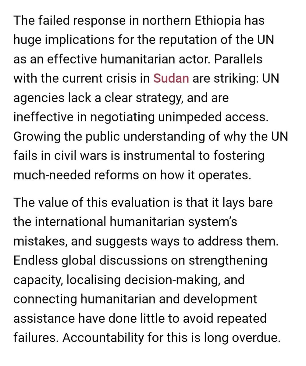 "The chances of this evaluation report being buried are high," the lead author says of a report that termed the humanitarian response in N #Ethiopia a "failure" (an expensive one: the US alone spent over $1.6B on the N. Ethiopia response). Worryingly, there are parallels w #Sudan