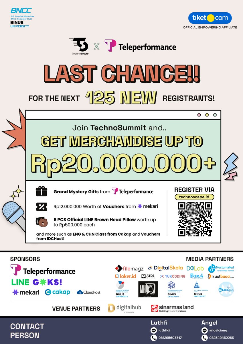 BINUS_KMG's tweet image. ✨✨TECH DAY✨✨

Utk acara TECHNOSUMMIT, BNCC menawarkan hadiah total Rp 20 juta utk 125 pendaftar baru berikutnya, berupa:
- Grand Mystery Gifts (Teleperformance)
- Voucher senilai Rp 12 juta (Mekari)
- dll

Ayo sgr registrasi ke technoscape.id/techno-summit

#TechDay
#TechnoSummit