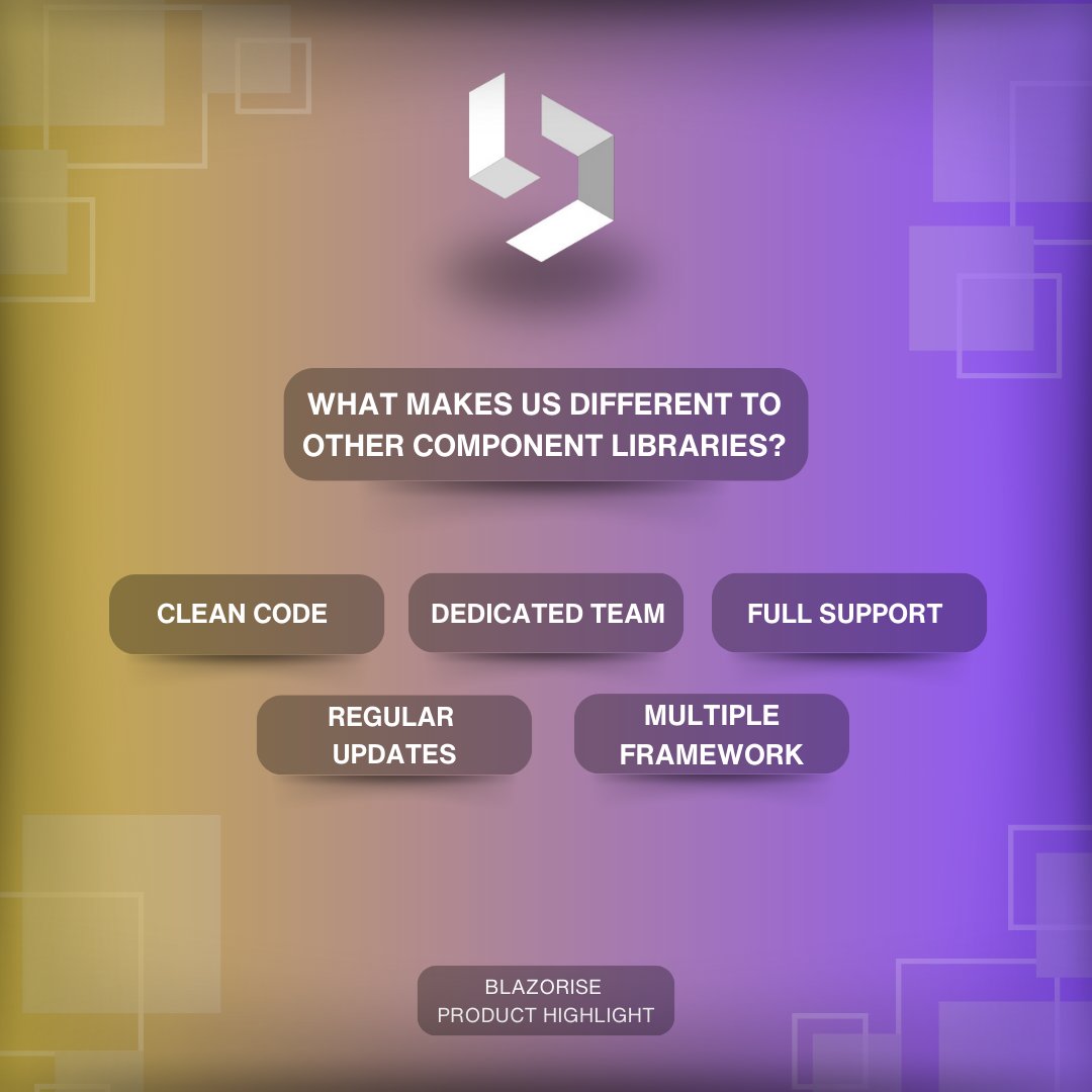 Blazorise's tweet image. 1. CLEAN CODE: Our components don't have any nonsense in them.
2. DEDICATED TEAM: Our team specializes in Blazor component development.
3. FULL SUPPORT: No matter what package you buy.
4. REGULAR UPDATES: Monthly.
5. MULTIPLE FRAMEWORK SUPPORT
#dotnet #csharpdotnet #blazor