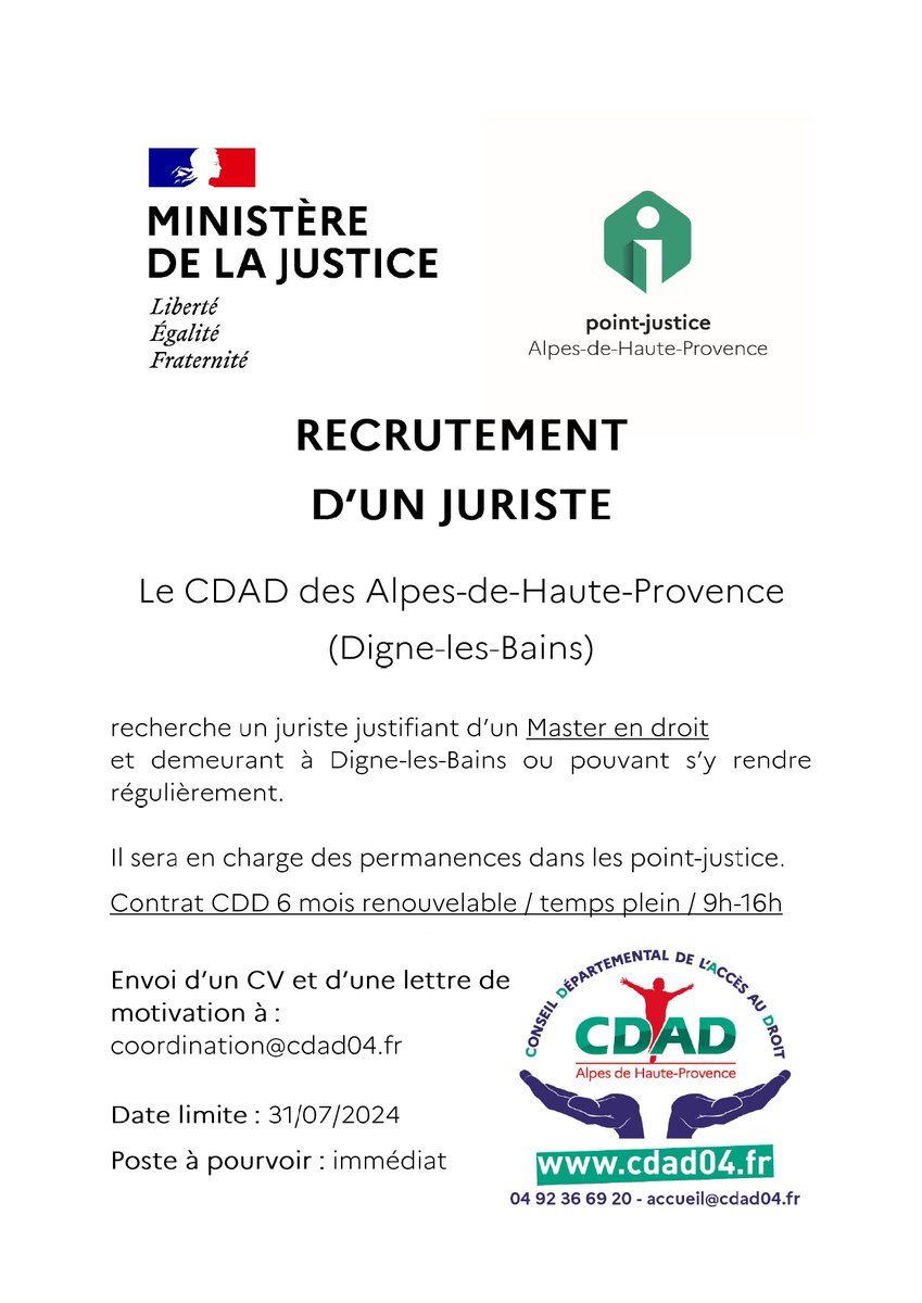 cdad04's tweet photo. 🟩 Le @cdad04 recrute un/une juriste.

📣 Merci de diffuser cette offre autour de vous ! https://t.co/nwETgD1coR