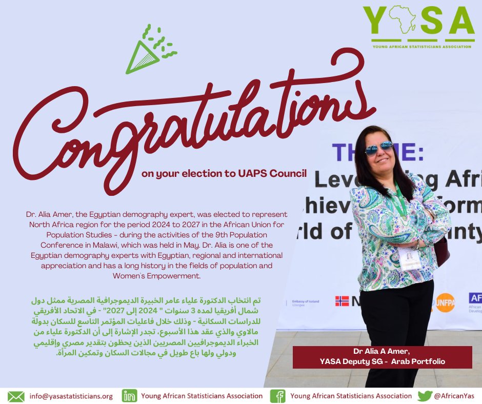 AfricanYas's tweet photo. Join us in congratulating Dr Alia Amer @LADY1_ALIA, the YASA Deputy Secretary-General and head of the YASA Arab portfolio, for being elected to represent the North Africa region (2024–2027) in the African Union for Population Studies.
#YASA #YASAssociation #YASANews https://t.co/rghOHAWpPa