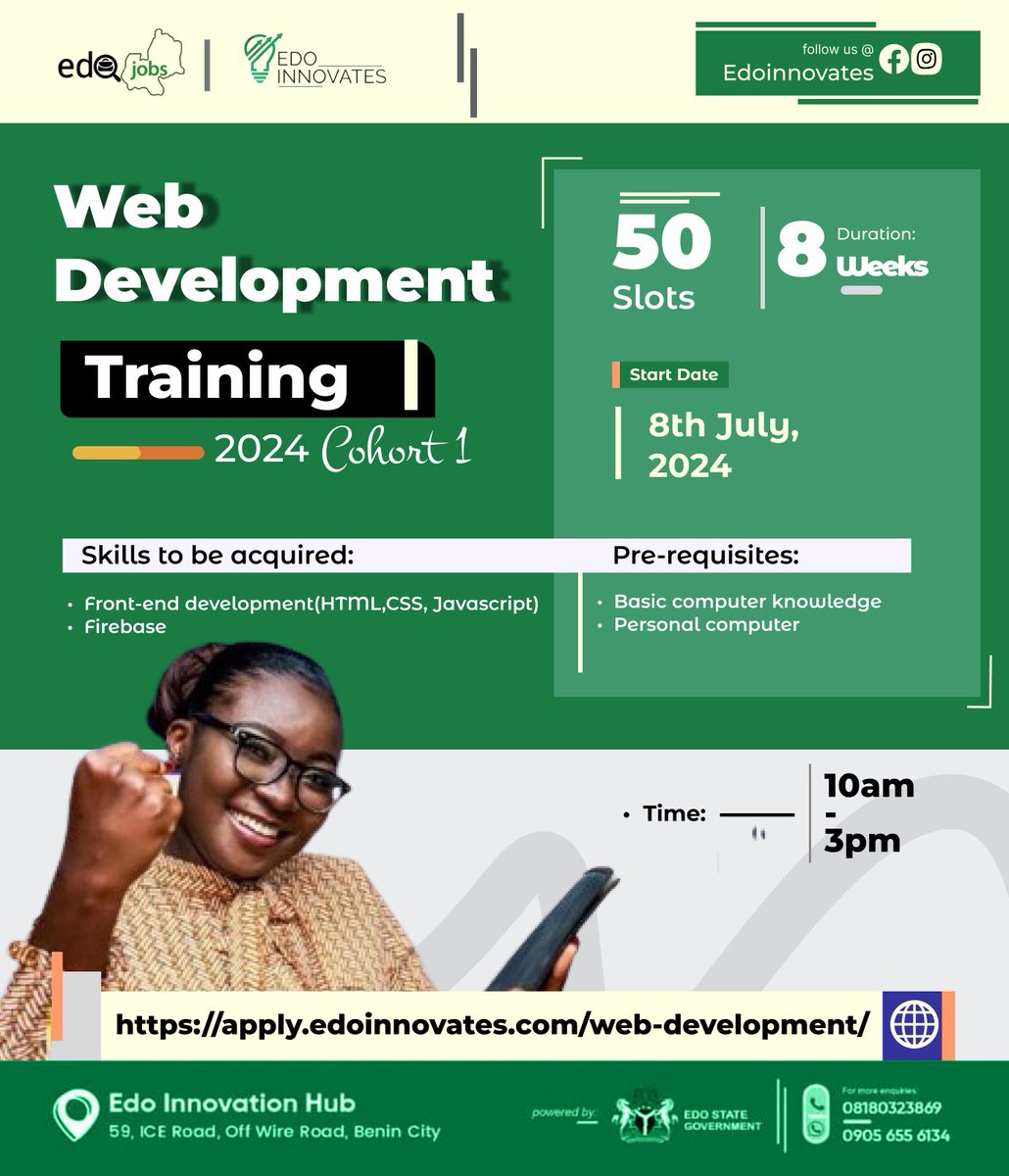 EdoHub's tweet image. Join us for an 8-WEEKS FREE WEB DEVELOPMENT TRAINING, 2024, Cohort 1; brought to you by Edo Innovates and powered by the Edo State Government.
Date: July 8th, 2024
Time: 10:00 AM - 03:00 PM
Register at:- apply.edoinnovates.com/web-developmen…
#WebDevelopmentTraining
#EdoInnovates
#EdoState