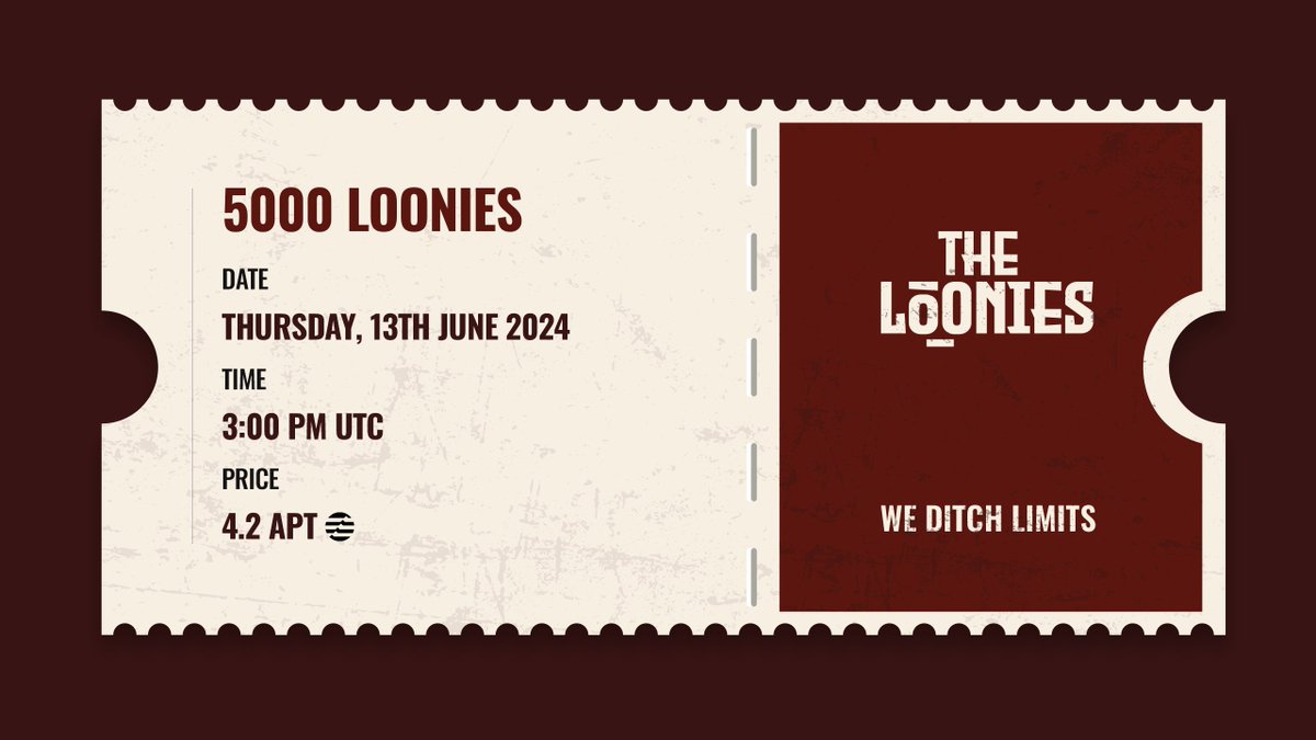 5,000 Loonies ditching limits on <a href="/Aptos/">Aptos</a>! 

🗓️ - 2024.06.13  🕒 - 3:00 PM UTC  💰- 4.2 $APT

Join for more info - discord.com/invite/g8qPYGF…