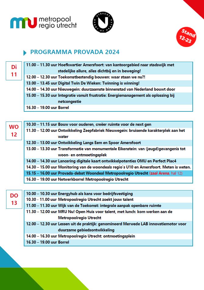 Kom 11 juni naar stand 12-23 @Provada  voor een interessant programma, o.a.:
* 11.00 u Hoefkwartier Amersfoort: kantoorgebied wordt stadswijk
* 12.00u Toekomstbestendig bouwen
 *15.00u Energiemanagement als oplossing bij netcongestie. Meer info:  bit.ly/3V9v3uV
