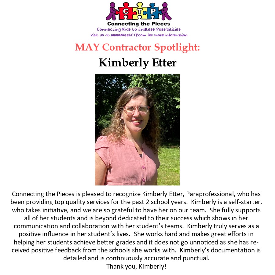MeetCTP's tweet image. Congratulations to our May Contractor Spotlight: Kimberly Etter! Kimberly is a wonderful paraprofessional who goes above and beyond to make sure her students succeed! We are lucky to have Kimberly on the CTP team! Congrats! #spotlight #paraprofessional #specialeducation #meetCTP