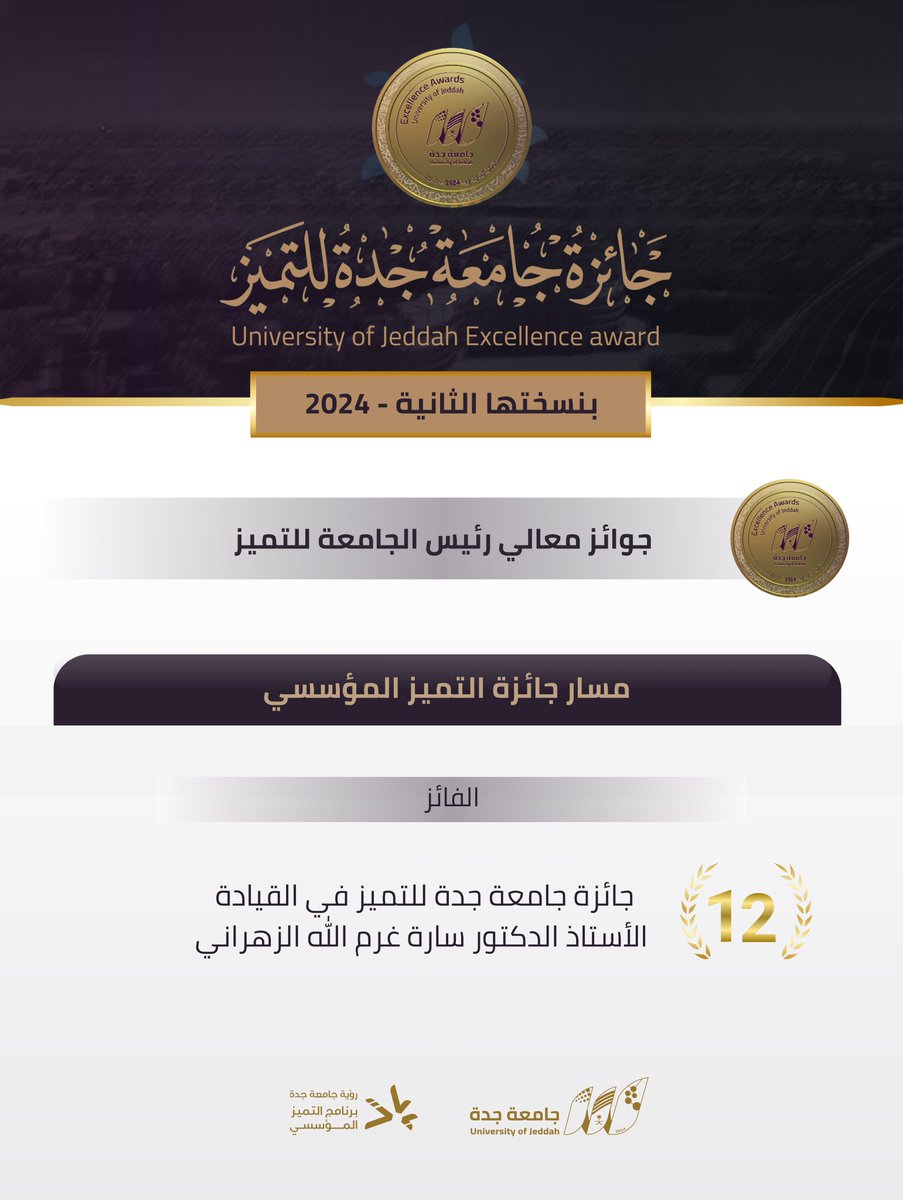 جوائز معالي رئيس الجامعة للتميز ، مسار جائزة التميز المؤسسي : ⬇️

الفائزة عن جائزة جامعة جدة للتميز في القيادة  
أ.د. سارة غرم الله الزهراني . 

#جامعة_جدة 
#جائزة_جامعة_جدة_للتميز