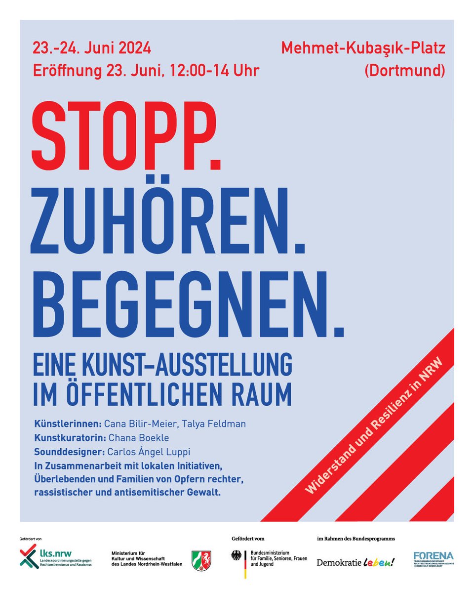 In #NRW entsteht gerade eine Ausstellung, die am 23. Juni 2024 zuerst in #Dortmund auf dem Mehmet-Kubaşık-Platz eröffnet wird:
mit Talya Feldman, Cana Bilir-Meier, Chana Boekle, Carlos Ángel Luppi, ⁦<a href="/MICMAFIA/">Microphone Mafia</a>⁩, Berivan Kaya, Ozan Ata Canani und …