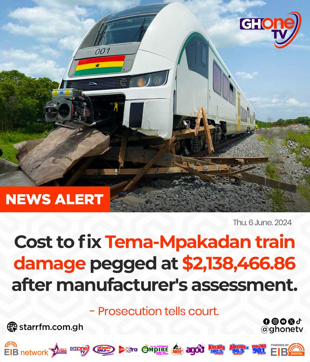 Manufacturers of the Tema-Mpakadan train say It'll cost $2,138,466.86 to fix the damage... - Prosecution tells Court

#GHOneNews #GHOneTV #NewsAlert