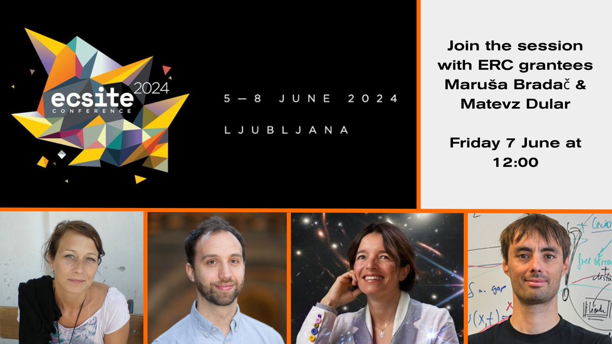 European Research Council (ERC) (@erc_research) on Twitter photo Are you attending this week's #ecsite2024 #scicomm conference in Ljubljana?
Join ERC grantees <a href="/marusaslo/">Marusa Bradac</a> & <a href="/MatevzDular/">Matevz Dular</a>, plus <a href="/IlseZeeland/">Ilse van Zeeland</a> & <a href="/rafchanay/">Raphael Chanay</a>, who will discuss the challenges of communicating #fundamental #research, on Friday @ 12:00
Details👉 bit.ly/3VtU31r Are you attending this week's #ecsite2024 #scicomm conference in Ljubljana?
Join ERC grantees <a href="/marusaslo/">Marusa Bradac</a> & <a href="/MatevzDular/">Matevz Dular</a>, plus <a href="/IlseZeeland/">Ilse van Zeeland</a> & <a href="/rafchanay/">Raphael Chanay</a>, who will discuss the challenges of communicating #fundamental #research, on Friday @ 12:00
Details👉 bit.ly/3VtU31r