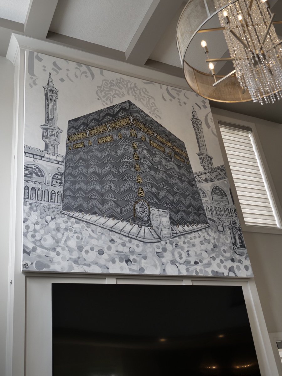aatifstudio's tweet photo. Made an 8 foot painting of the Kaaba, with a real piece of the Kiswah on it https://t.co/SqLuXiqtQP