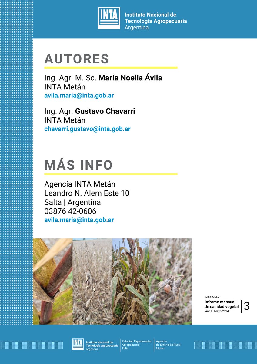 INTA Salta (@intasalta) on Twitter photo Boletín mensual de protección vegetal
Información sobre estados fenológicos de soja, maíz, plagas y enfermedades de fin de ciclo, en lotes sobre ruta 9 y 34 de Depto Metán.
Más info:
María Noelia Ávila: avila.maria@inta.gob.ar
Gustavo Chavarri: chavarri.gustavo@inta.gob.ar Boletín mensual de protección vegetal
Información sobre estados fenológicos de soja, maíz, plagas y enfermedades de fin de ciclo, en lotes sobre ruta 9 y 34 de Depto Metán.
Más info:
María Noelia Ávila: avila.maria@inta.gob.ar
Gustavo Chavarri: chavarri.gustavo@inta.gob.ar