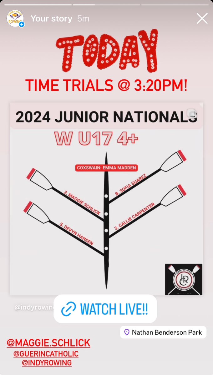 GuerinRowing's tweet photo. 🚨@usrowing’s Youth Nationals TIME TRIALS TODAY! 🚨
Women’s U17 4+ w/ Maggie Schlick 
⏰3:20pm

Women’s U17 8+ w/Anna Ososki 
⏰ 4:20pm

🎥 https://t.co/pqTeu41be7

Go GCHS Rowers! Go @Indyrowing!

@GCHS_Athletics 
@GCHSTheMax https://t.co/sVUs3lXKBm