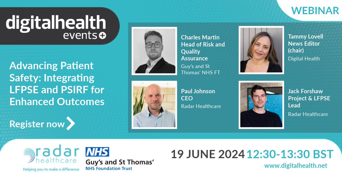 Digital Health (@digitalhealth2) on Twitter photo 📢Join <a href="/GSTTnhs/">Guy's and St Thomas'</a> and <a href="/radarhealthcare/">Radar Healthcare</a> to learn about integrating #LFPSE and #PSIRF for improved patient safety. Discover their combined impact on safety outcomes.
Chaired by <a href="/tammywriter/">Tammy Lovell</a>
Find out more and register >>> digitalhealth.net/events/advanci… 📢Join <a href="/GSTTnhs/">Guy's and St Thomas'</a> and <a href="/radarhealthcare/">Radar Healthcare</a> to learn about integrating #LFPSE and #PSIRF for improved patient safety. Discover their combined impact on safety outcomes.
Chaired by <a href="/tammywriter/">Tammy Lovell</a>
Find out more and register >>> digitalhealth.net/events/advanci…