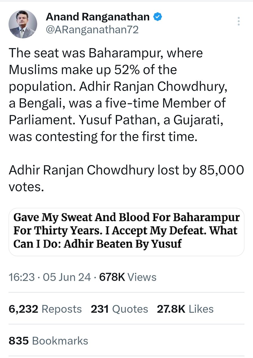 zoo_bear's tweet photo. One more Fake Narrative by Excel Ranga @ARanganathan72, Sarkaari Muslim @Shehzad_Ind and IT cell troll @mrsinha. 
In 2019 : TMC got 510410 votes in  Baharampur
In 2024 : TMC got 524514 votes in Baharampur. An increase in 14 thousand votes only. And Adhir Ranjan lost by 85 thousand votes and Yusuf Pathan got 37.9% vote share. 
BTW, 
In 2019, BJP got 143038. 
In 2024, BJP got 371885. 
An increase by 228847 votes this year as compared to 2019. 
So by Excel Ranga and Shehzad's logic, Did Muslim in Baharampur vote for BJP this time? 
Did Hindu+Muslim voters side with the BJP instead of helping Adhir Ranjan win?