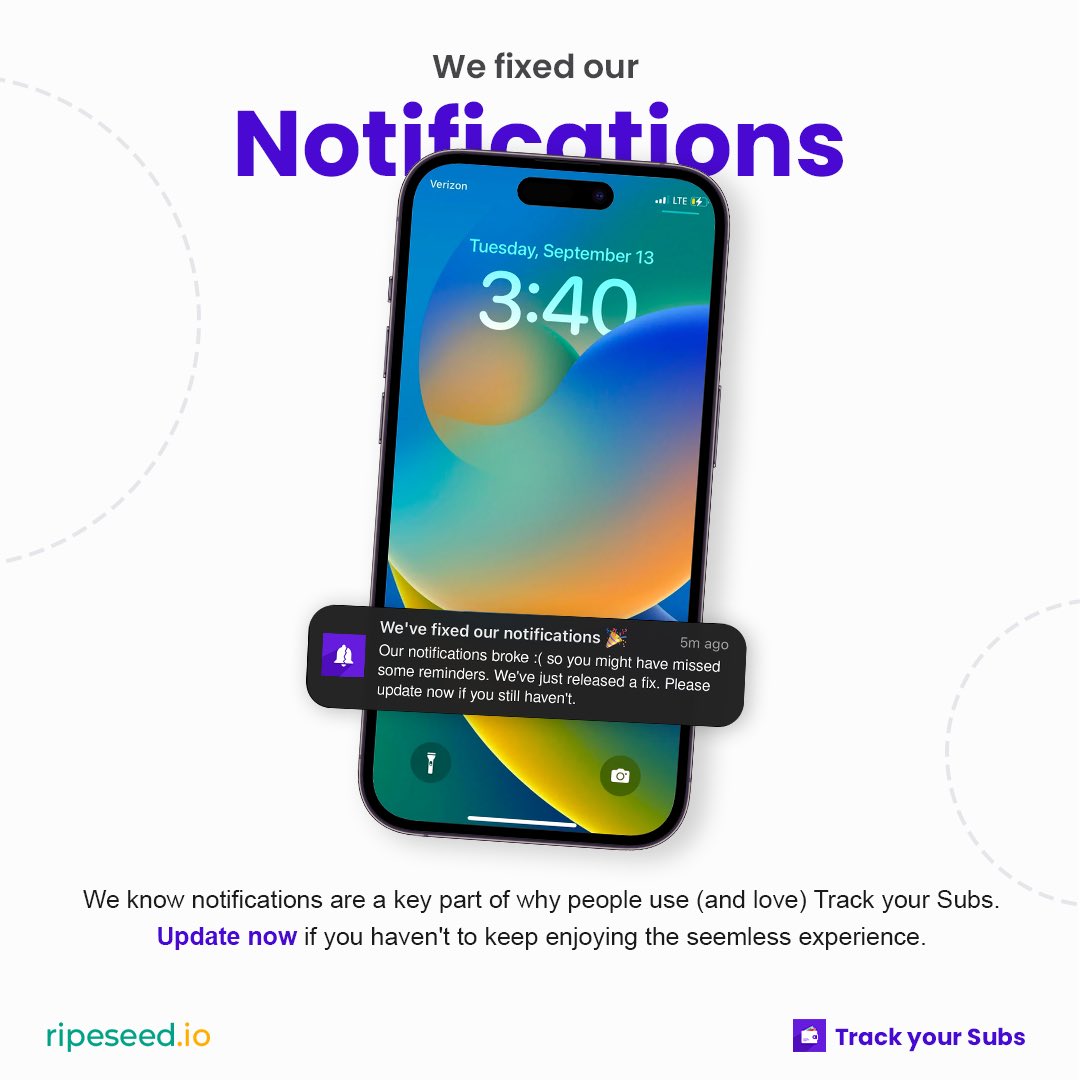 Track your Subs users just received this notification 🔔 

It's a public apology, because we know hundreds of our users are now relying on us to keep track of their expenses. We know we messed up and we know we need to announce this so people can update their apps and keep