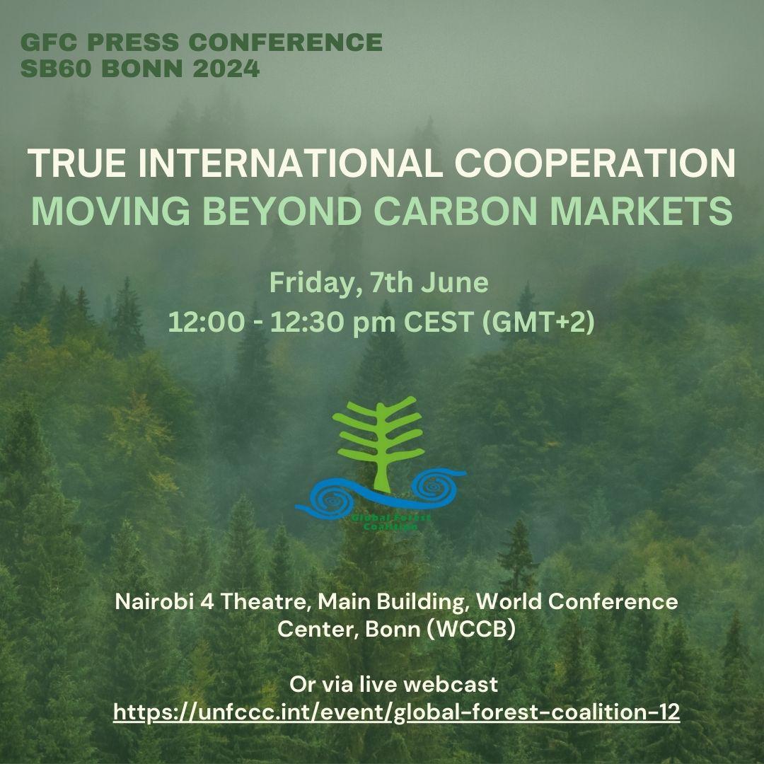 📣 Greetings from SB60 - new press conference alert!
⏰ Friday, June 7, 12-12:30 pm CEST - we'll discuss the flaws of carbon markets &amp; other false solutions like REDD+, present a False Solutions Map &amp; talk Real Solutions. 
🔗 More info and link to watch: globalforestcoalition.org/event/sb60-pre…